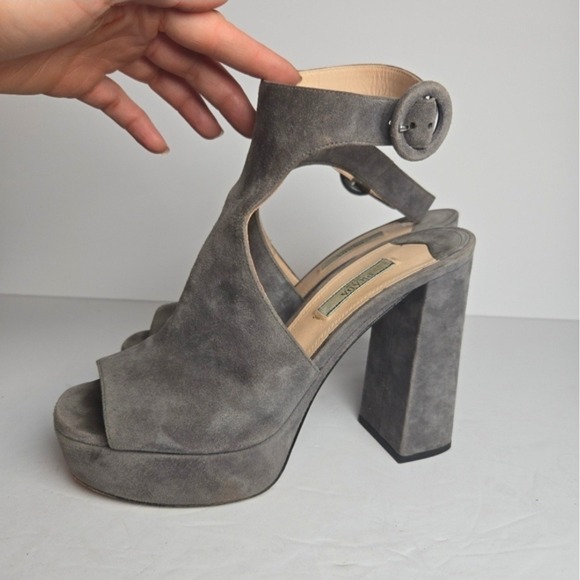 Prada Women's 6.5 Gray Suede Slingback Leather Chunky Heel Platform Sandal Heels